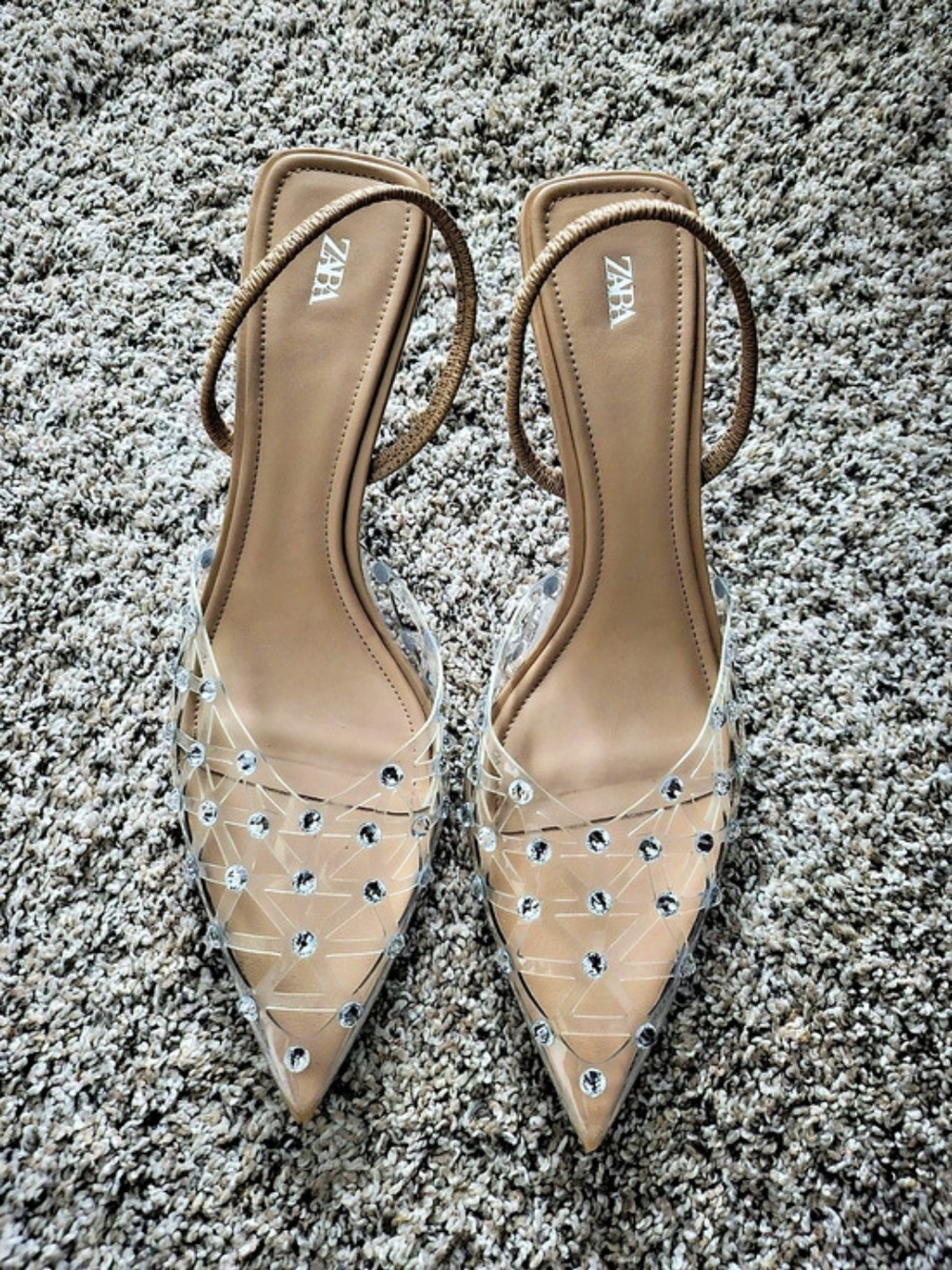 Zara Clear Vinyl Rhinestone Embellishments Pointed Toe Slingback Kitten Heels